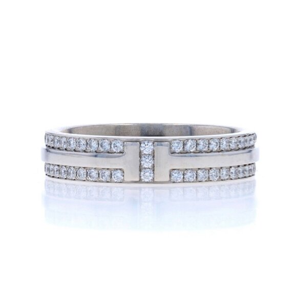 Tiffany & Co. T Narrow Pave Diamond Band -White Gold 18k Rd .45ctw Ring Sz 6 1/2 - Picture 1 of 6